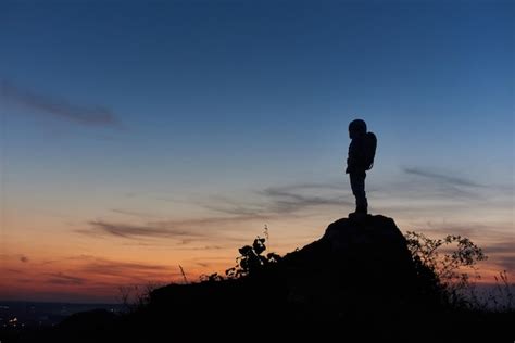 Premium Photo Cosmonaut Standing On Top Of Mountain During Sunset