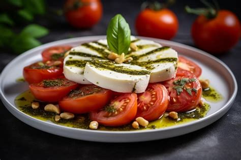 Premium Photo Close Up Italian Caprese Salad With Ripe Tomatoes Pesto