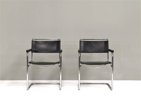 Thonet S34 Cantilever Chairs By Mart Stam In Black Leather And Chrome