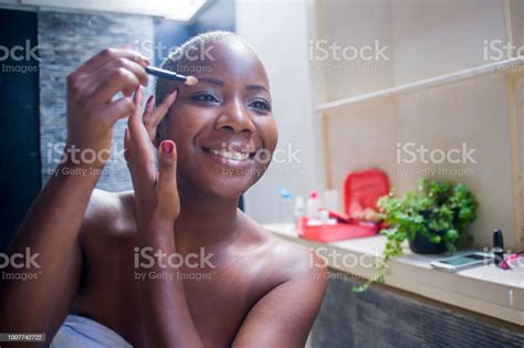 Lifestyle Natural Portrait Of Young Attractive And Happy Black Afro American Woman At Home