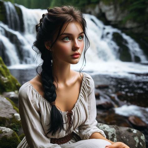 A Beautiful Woman Sitting On Top Of A Rock Next To A Waterfall