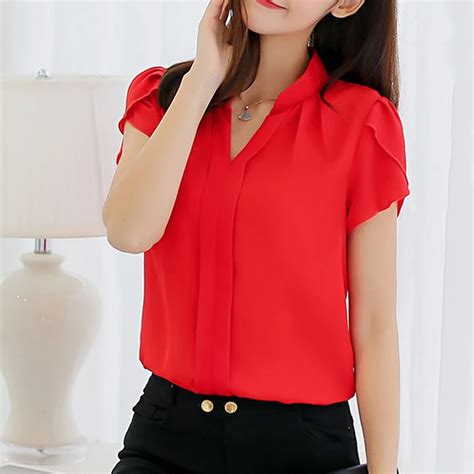 2017 New Blouses Women Redwhite Shirt Chiffon Blusas Feminina Short