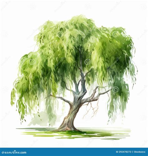 Realistic Watercolor Illustration Of A Small Weeping Willow Tree Stock