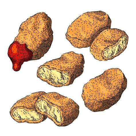 Nuggets De Pollo Conjunto Comida Dibujada A Mano Crujiente Frito Vector