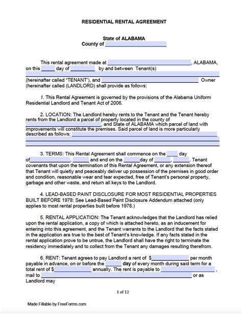 State Of Alabama Residential Lease Agreement Printable Form