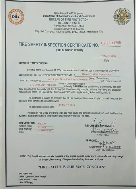 Fire Safety Inspection Certificate » K3LH.com