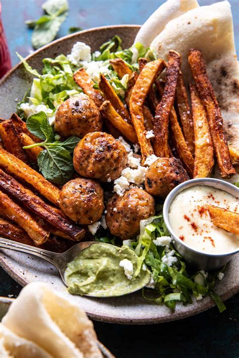 Chicken Meatball Pita Bowls With Seasoned Fries And Feta Half Baked