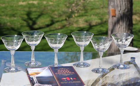 6 Vintage Etched Crystal Cocktail Glasses Fostoria 1940 S Nick And Nora Craft Cocktail Glasses