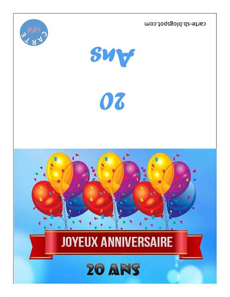 Carte gratuite à imprimer Carte anniversaire 20 ans à imprimer