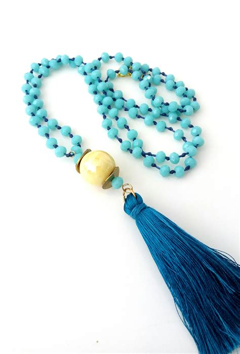 Blue Tassel Beaded Necklace Boho Blue And Yellow Necklace With Tassel Rosary Necklace Long