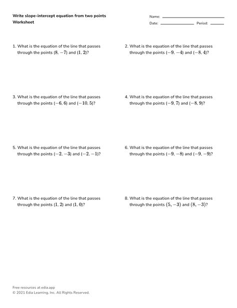 Write Slope Intercept Equation From Two Points Worksheet Worksheets