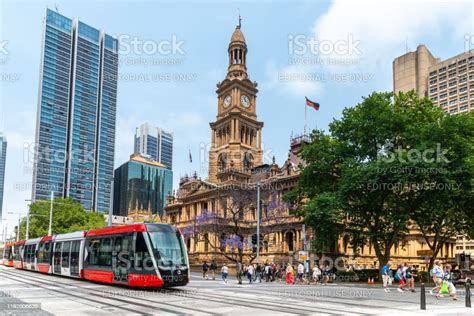 New Light Rail Tram Travels Along George Street To Circular Quay Sydney