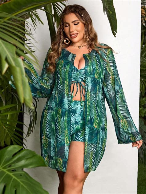 Swim Vcay Conjunto de Maiô Bikini Estampado plus size Capa Tipo Kimono peças Verão