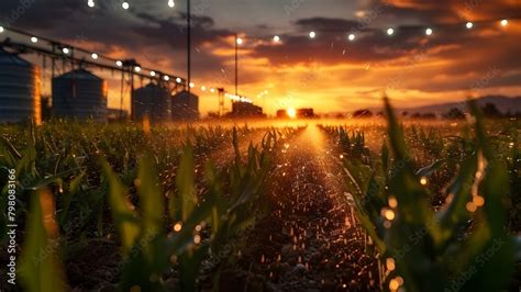 Sprinklers watering crops to highlight modern agriculture irrigation ...