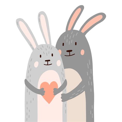 Two Cute Gray Bunnies Or Rabbits Are Hugging And Holding A Heart