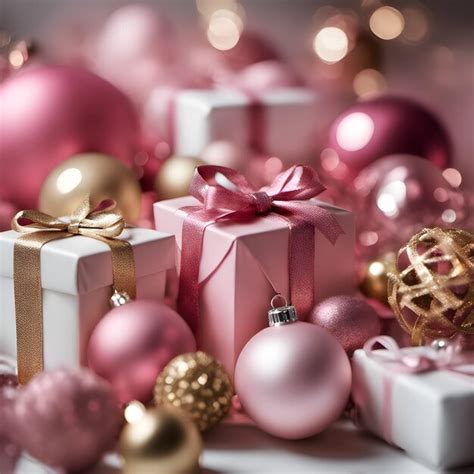 Decorações E Presentes - Decorações cor-de-rosa e douradas globos e caixas de presentes geradas ...