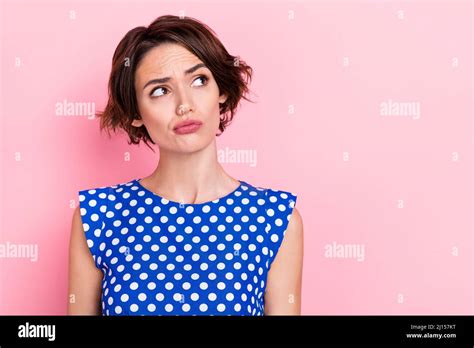 Photo Of Thinking Young Bob Hairdo Lady Look Promo Wear Blue Blouse