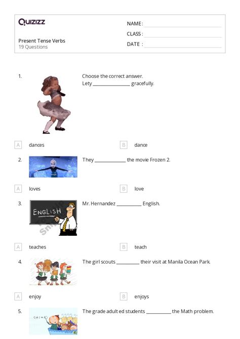 50 Present Tense Verbs Worksheets For 7th Class On Quizizz Free And Printable
