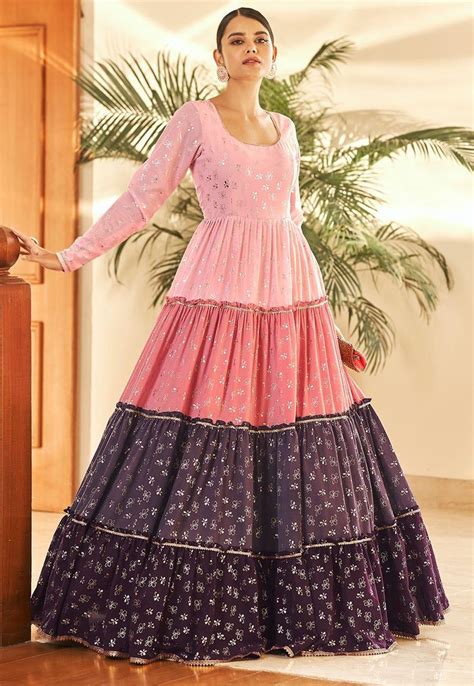 Semi Stitched Faux Georgette Tiered Gown In Pink And Wine This Round