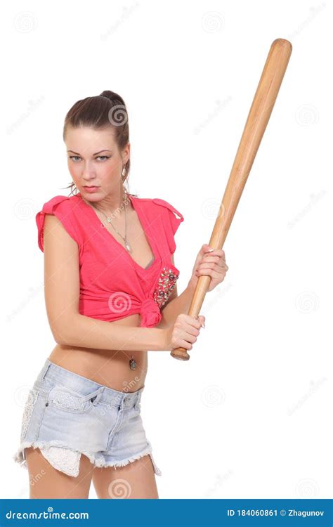 Brunette Woman With Baseball Bat Isolated Stock Image Image Of