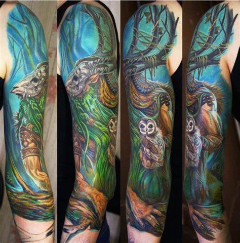 New school style colored mystical forest man with owl tattoo on half ...