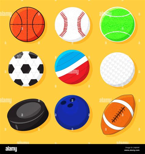 Jeu de différents types de balles de sport et de palet de hockey