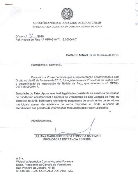 Câmara São Gonçalo Do Pará Mg Oficio Recebido Do Mp