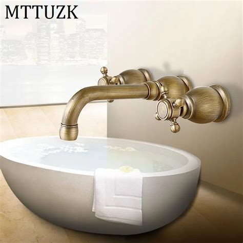 Mttuzk Antique Copper Wall Mounted Bathroom Faucet For Hot And Cold Mixer Tap Sink Faucet Double