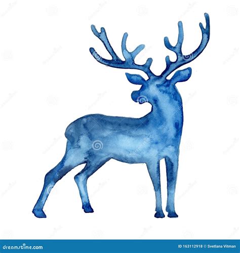 Watercolor Full Silhouette Of Deer In Blue Color Animal Painting Stock