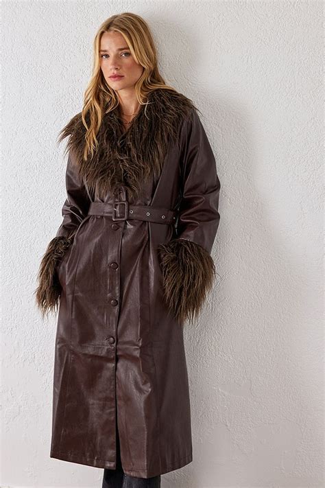 Daisy Street Pu And Faux Fur Trench Coat