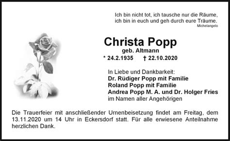 Traueranzeigen Von Christa Popp Nordbayerischer Kurier