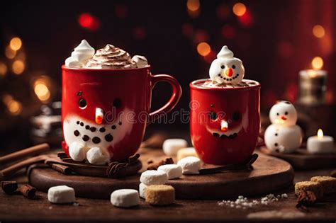 Red Mug With Hot Chocolate With Melted Marshmallow Snowman Ai Generative Stock Illustration