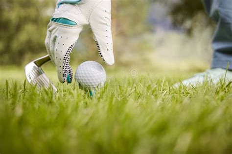 Hand In Glove Placing Golf Ball On Tee Stock Image Image Of Glove