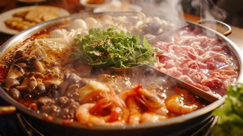 Premium Photo A Sichuan Hot Pot Simmering With A Spicy Aromatic Broth In A Divided Pot
