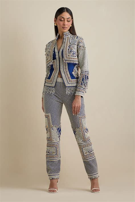 Buy Blue Raw Silk Embroidered Pearls Band Neck Mughal Jacket And Pant Set For Women By Eeksha