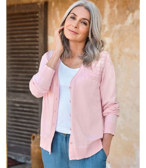 Clear Pink Pointelle Yoke V Neck Cardigan Woolovers Au