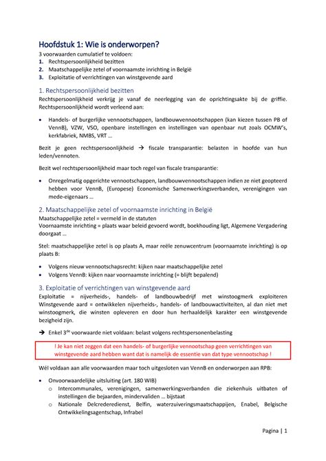 Samenvatting Vennootschapsbelasting Hoofdstuk Wie Is Onderworpen