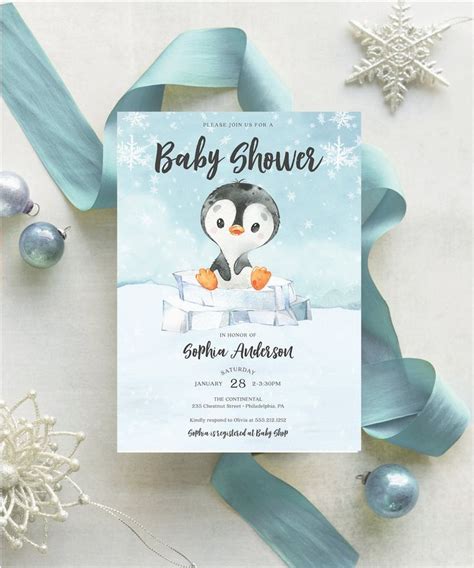 Invitación de baby shower de pingüino bebé invitaciones editables