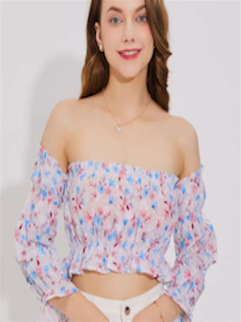 Buy Urbanic Blue Floral Print Off Shoulder Bardot Crop Top Tops For