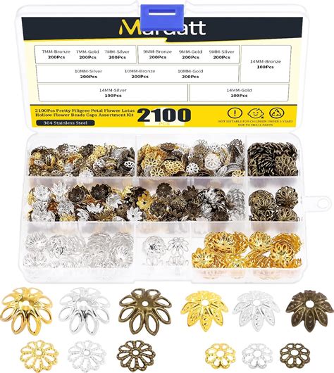 Mardatt 2100PCS 12 Styles Metal Bead Caps Assortment Set 7 9 10 14mm