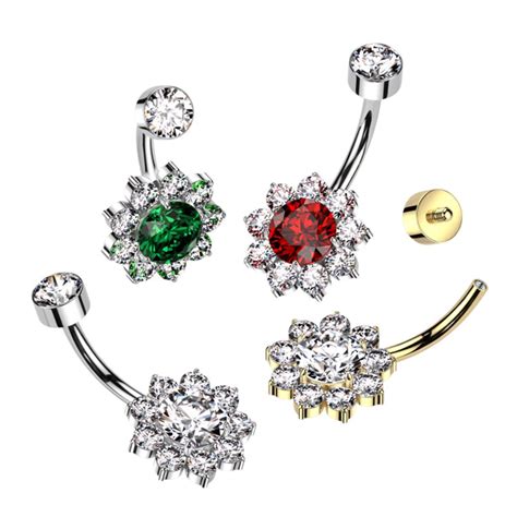 Internally Threaded Titanium Belly Bar With Crystal Flower