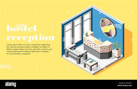 Hostel Isometric Background With Reception Rack For Guest Meeting And