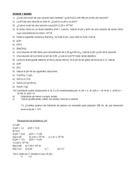 Cidos Y Bases Ejercicios Para Examen Cidos Y Bases Cu L Ser El Ph