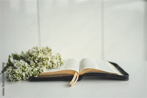 Open bible with flowers on a white background Stock Photo | Adobe Stock