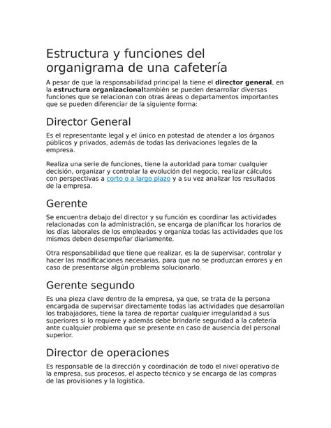 Estructura y funciones del organigrama de una cafetería Estructura y