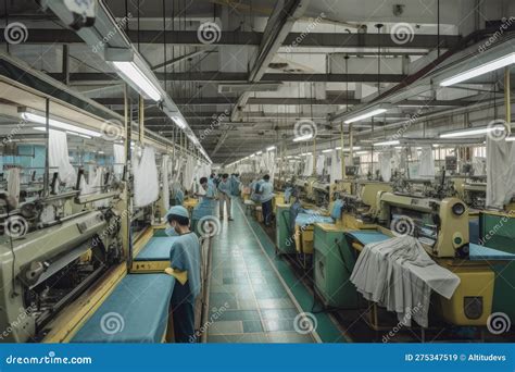 Textile Factory, with Machines and Workers Creating Various Fabrics ...