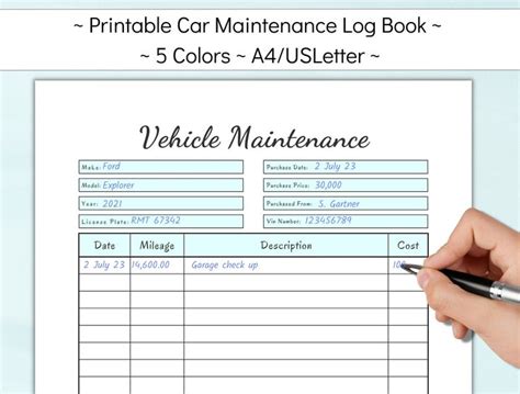 Printable Vehicle Service Tracker Car Maintenance Log Book Bike