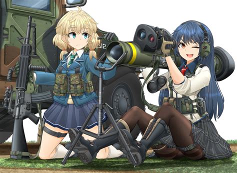 2girls Aqua Eyes Blonde Hair Blue Hair Boots Brown Eyes Combat Vehicle Garter Gloves Grass Gun