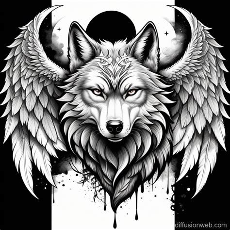 Black and White Angel Wings Wolf Head Tattoo | Stable Diffusion Online