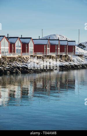 Traditional Red Rorbuer Cabins In The Fishing Village Of Reine Lofoten